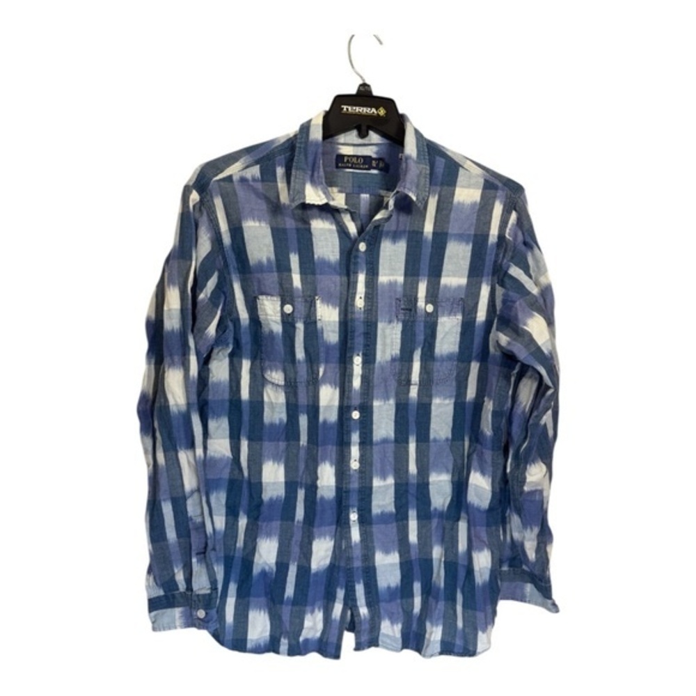 Polo Ralph Laurent Shirt Mens XL Blue White Plaid Watercolor Long Sleeve Button